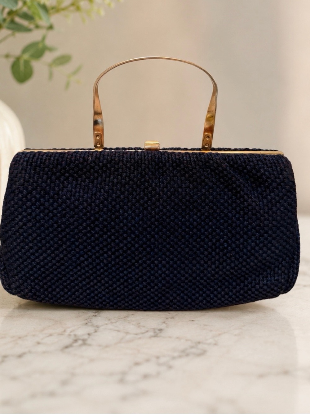 Vintage Navy Knit Top-Handle Women's Clutch with Gold Hardware